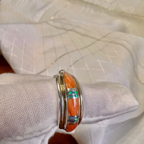 Spiny Oyster and Opal sterling silver signed native Navajo ring - Picture 6 of 8